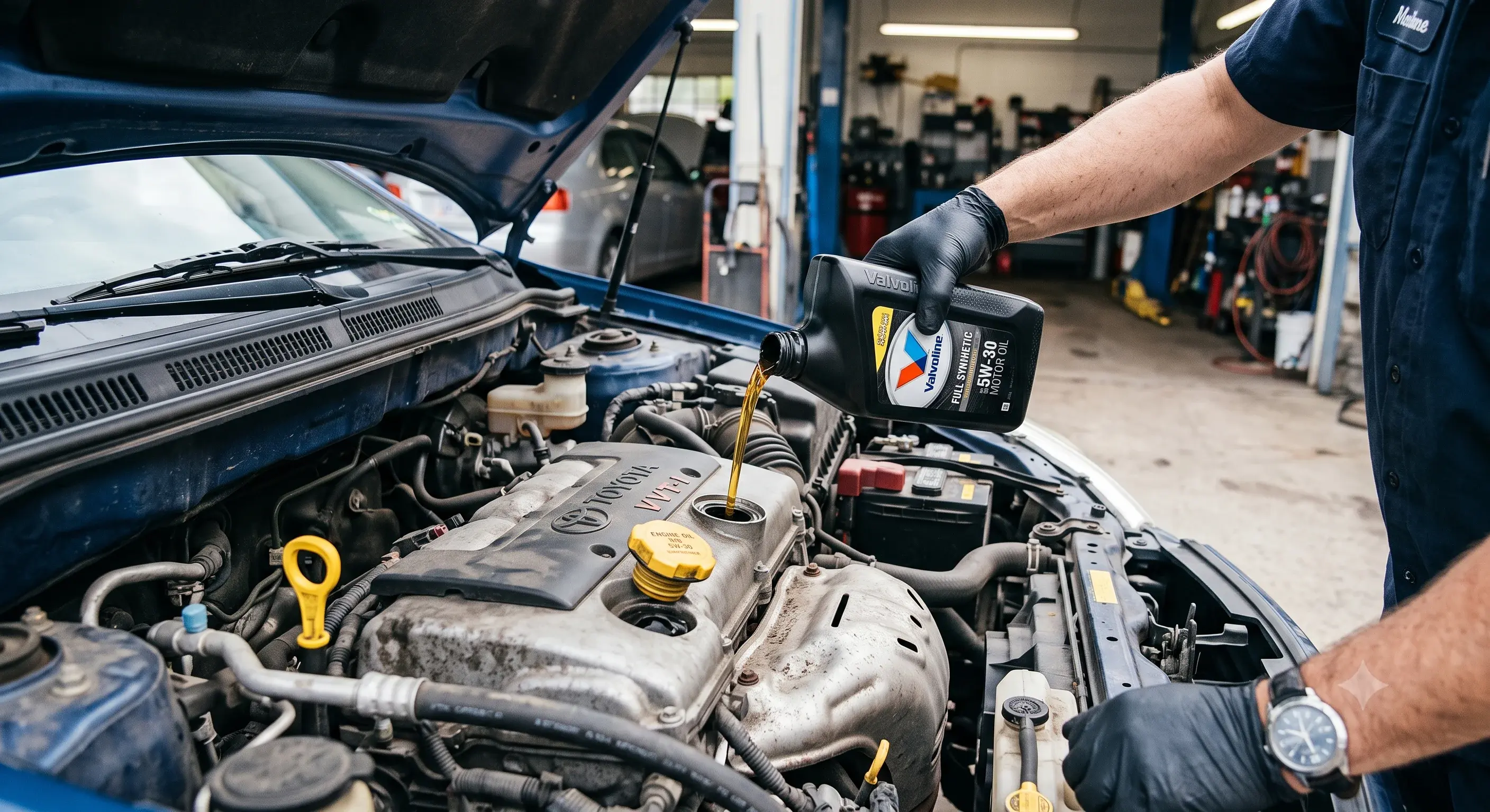 A mechanic pouring fresh oil into an engine