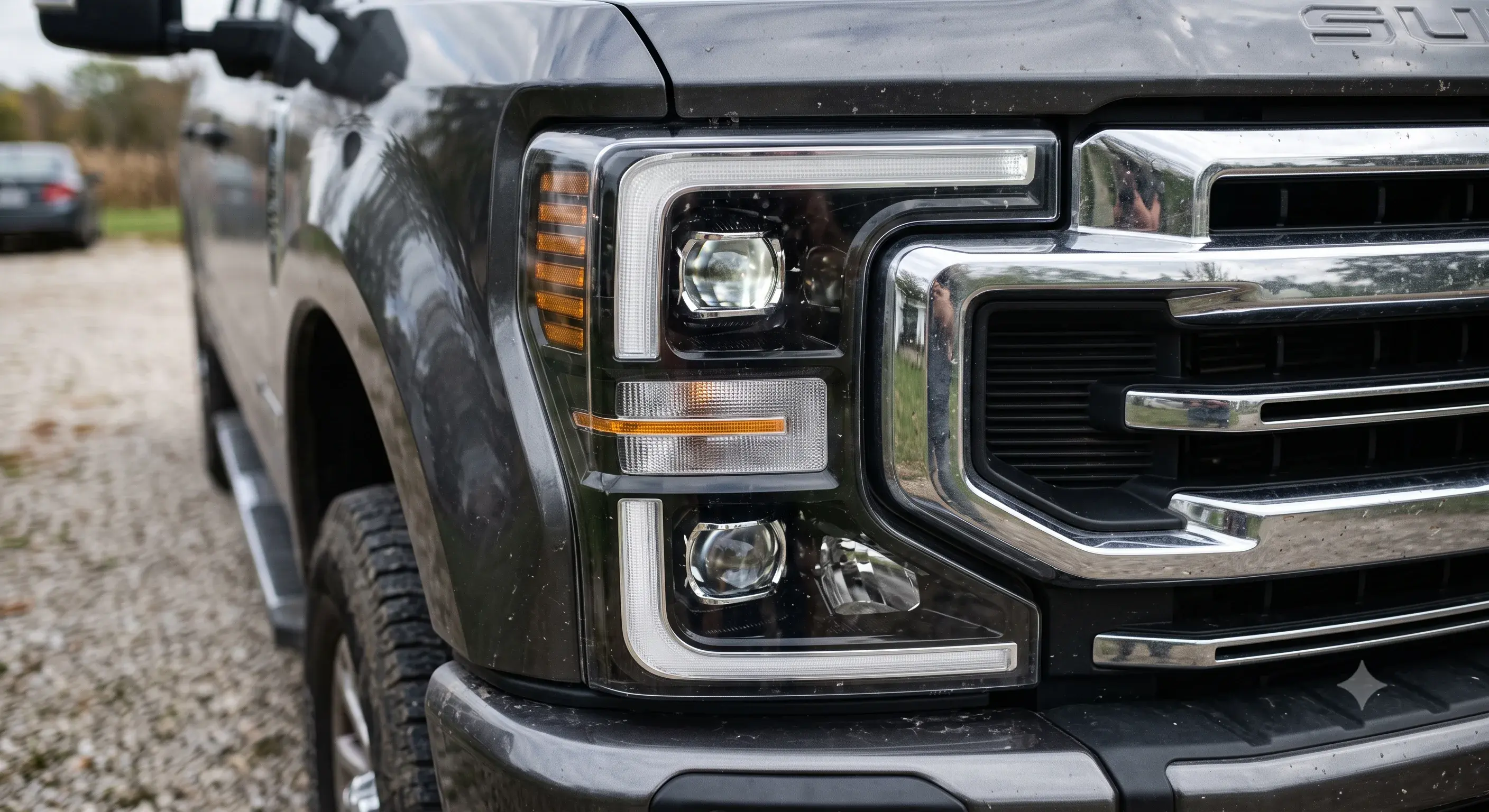 Close-up of a truck's headlight and grille