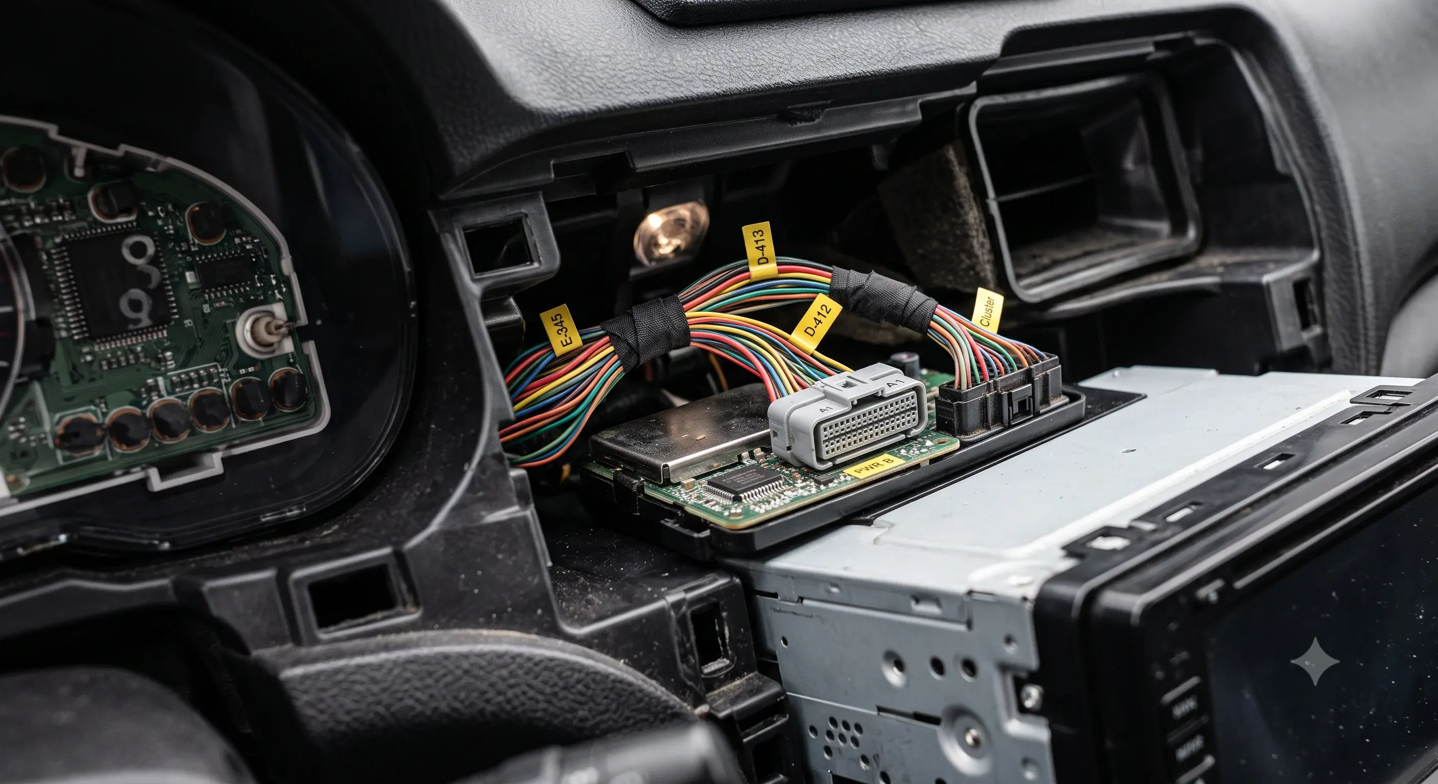 A dashboard wiring harness pulled apart, connectors labeled with masking tape